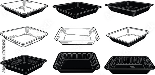 Black and white rectangular food tray vector set, plastic container illustration, meal packaging design, kitchen utensil, disposable box art