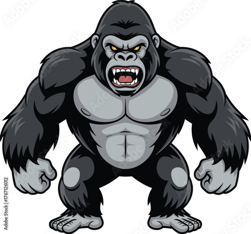 Cartoon gorilla with fierce expression, muscular wild animal, aggressive pose, vector illustration, mascot character, jungle beast, strong design, cool style