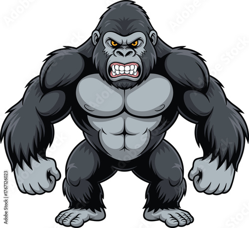 Cartoon gorilla with fierce expression, muscular wild animal, aggressive pose, vector illustration, strong character, mascot design, jungle beast, cool style
