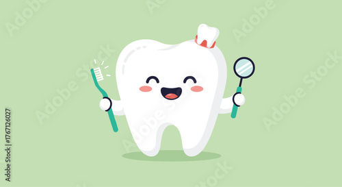 Happy cartoon tooth with toothbrush and mirror gleefully promotes dental hygiene and oral care for kids and adults