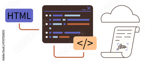 Coding environment linking HTML language to digital cloud storage and signed document. Ideal for programming, web design, data management, digital transformation, cloud computing, technology