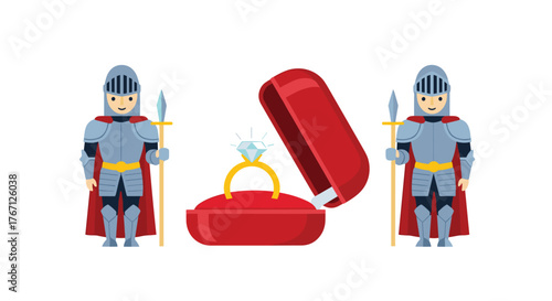 Protective knights guard a sparkling diamond ring in an open jewelry box, symbolizing love and commitment