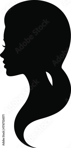 Female silhouette profile, black vector head, elegant woman shape, minimalist design, long hair outline, side view portrait, artistic identity concept