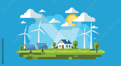 Sustainable home powered by clean wind and solar energy under a bright sunny sky with fluffy clouds