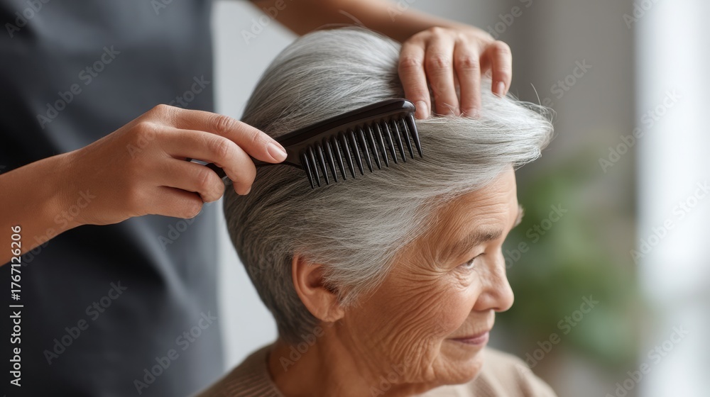 Naklejka premium elderly daily care routine A caregiver styles the hair of an elderly woman, showcasing a moment of tenderness and care.