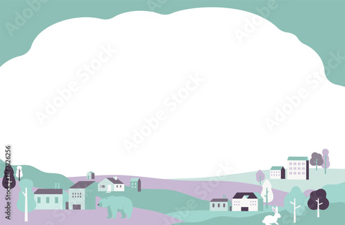 淡いグリーンとラベンダーで描く穏やかな丘の町