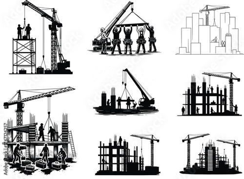 Construction workers building modern city skyscrapers with cranes and heavy machinery, teamwork on construction site silhouette vector illustration concept design