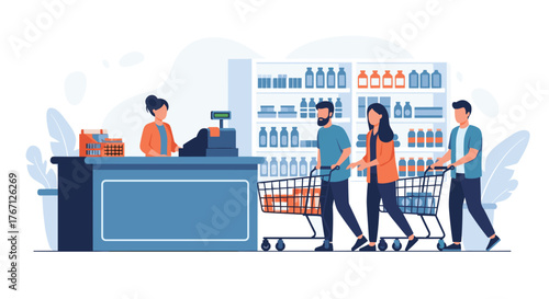 Happy shoppers with carts cheerfully buy groceries at a modern supermarket checkout counter with friendly cashier assisting customers