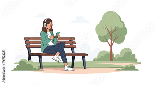 Young woman enjoying music and phone on park bench surrounded by nature, finding peaceful moments outdoors