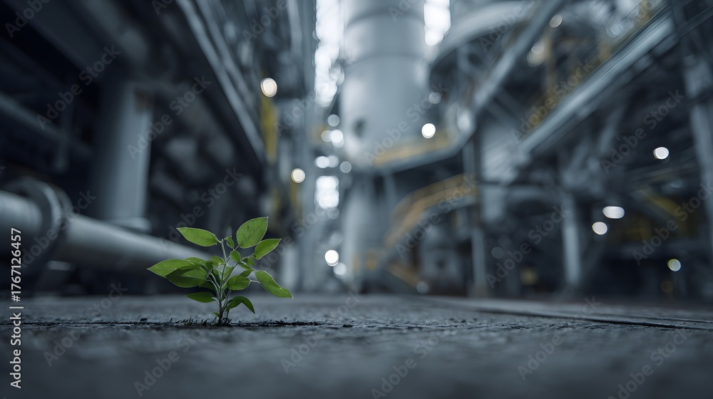 Fototapeta premium Small green sprout pushes through concrete floor within massive industrial complex