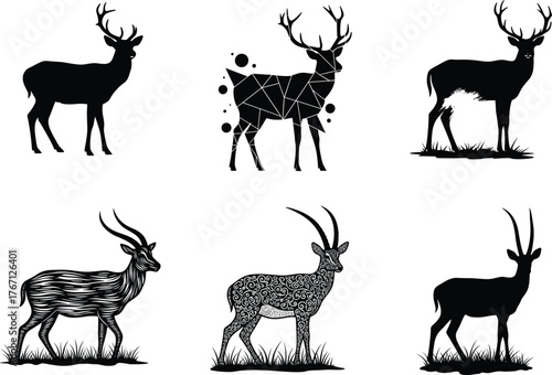 Creative deer and antelope silhouette illustration with geometric and patterned designs, wildlife vector art for forest nature and animal themes