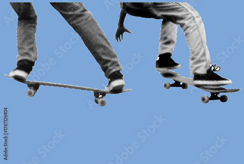 Close up skateboarder feet playing trick pixelate grayscale color halftone dotted texture style collage element isolated on blue background