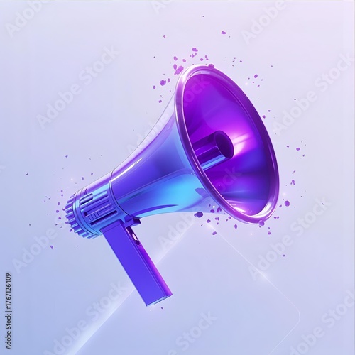 Purple Neon Megaphone Icon. Social Media Marketing and Public Announcement Symbol.
