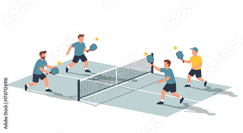 Dynamic group of friends enthusiastically playing pickleball on a sunny court, capturing the joy of active recreation and healthy lifestyle