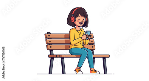 Joyful young woman relaxes on park bench, happily listening to music and browsing her phone with a bright smile