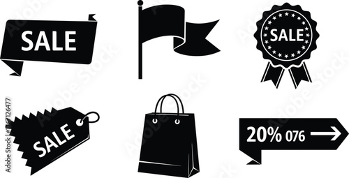 Black sale label icon set, shopping bag, discount badge, ribbon banner, promotion tag, vector illustration for marketing design