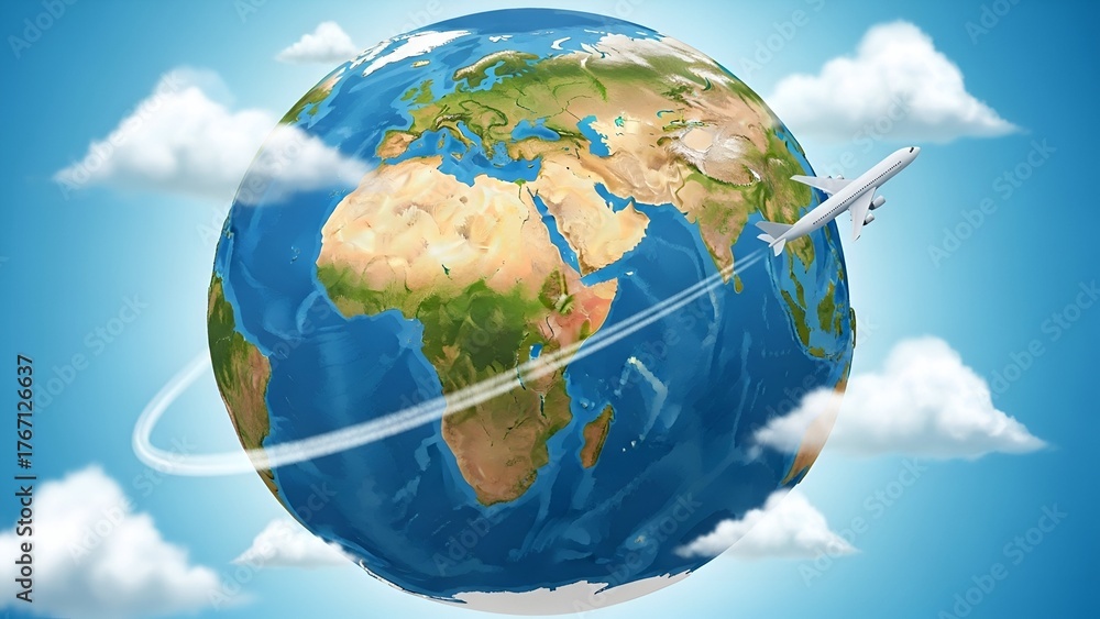 Naklejka premium Earth globe with airplane and clouds for travel and international business