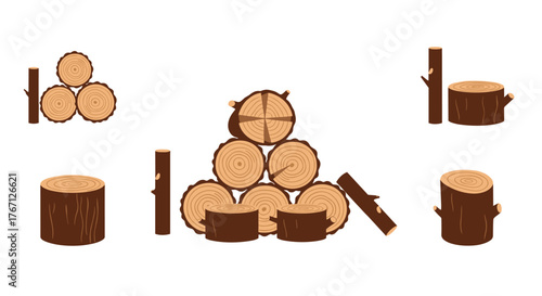 Rustic wood logs and stumps displayed in various arrangements, perfect for nature themes and rustic design projects