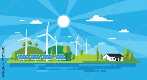 Sustainable energy landscape with solar panels wind turbines and a modern house powered by clean resources under a bright sunny sky