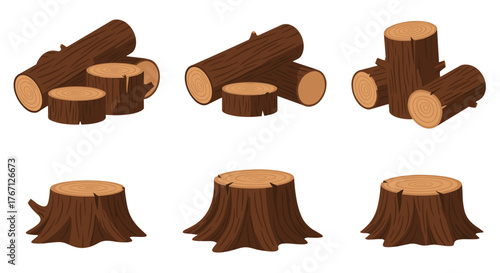 Collection of natural wood logs and tree stumps, perfect for rustic designs and outdoor themes, offering versatile elements for creative projects