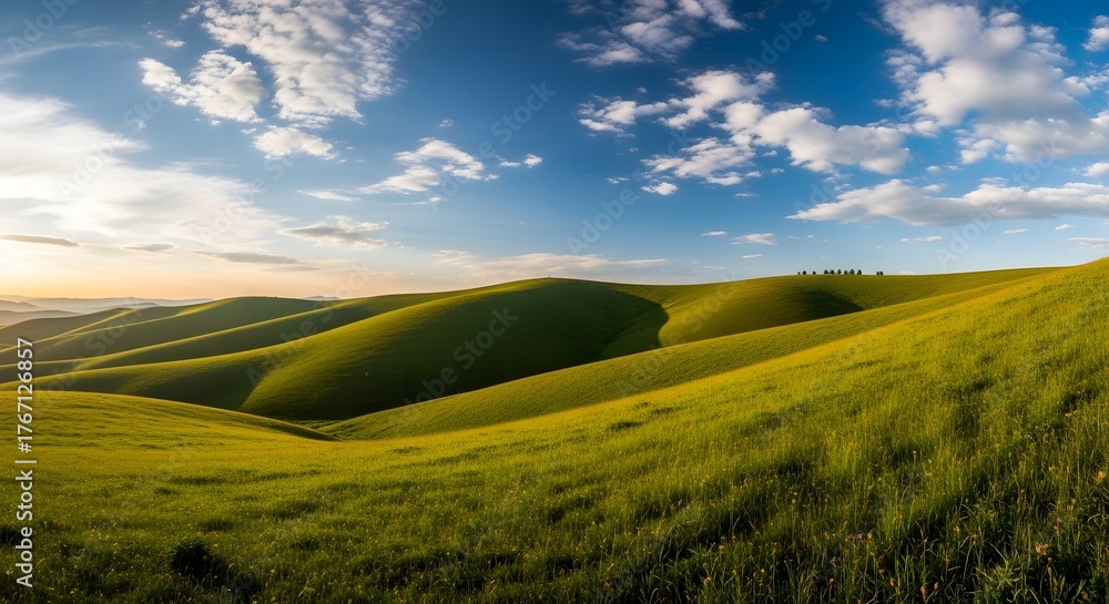 Obraz premium A scenic view of rolling green hills under a partly cloudy blue sky during the daytime in the countryside