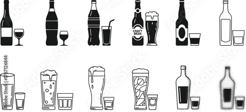 Black silhouette and outline beverage bottle icons collection, beer, wine, soda, whiskey glass vector set for bar and restaurant design
