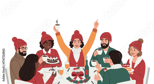 Joyful diverse friends celebrate winter holidays with festive food and warm drinks gathered around a table full of cheer