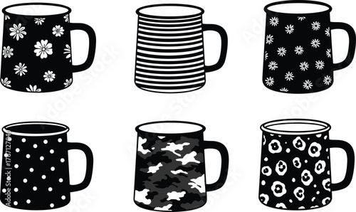 Black silhouette coffee mug vector set, floral and geometric pattern cups, minimalist drinkware design, kitchen utensil, decorative ceramic art