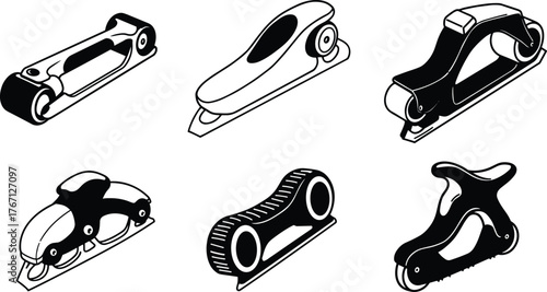 Black silhouette collection of modern ice skates and roller blade designs, detailed vector illustration for sports, skating, and footwear design