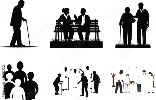 Elderly people silhouettes showing care, community, walking aids, family support, multigenerational bonding, aging lifestyle, companionship, and inclusive social interaction scenes