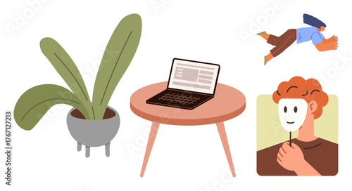 Man holding a theatrical mask, a laptop on a wooden table with a plant beside it, and a flying figure. Ideal for identity, dualism, online presence, self-expression, privacy, mystery remote work