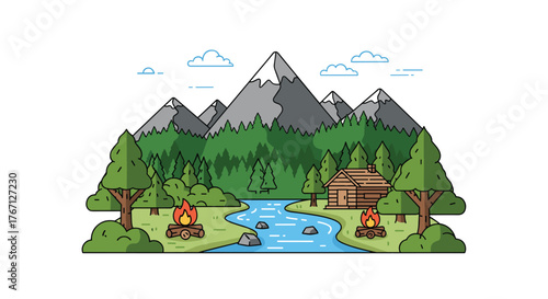 Cozy wooden cabin nestled by a winding river with campfires and majestic mountains in a vibrant forest setting
