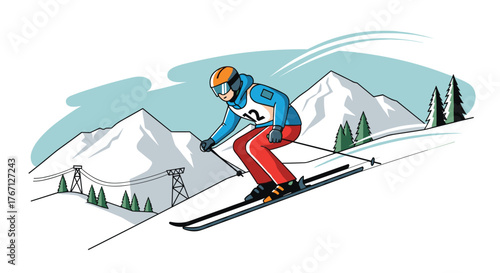 Dynamic skier racing down snowy mountain slope with ski lift and pine trees in winter resort landscape