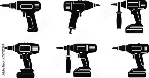 Black silhouette electric drills vector illustration, cordless power tool collection, construction equipment design set, repair and maintenance icon, isolated background