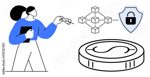 Woman presenting blockchain structure, cryptocurrency coin, and shield with lock icon. Ideal for finance, technology, blockchain, cryptocurrency, security fintech education. Minimalist flat