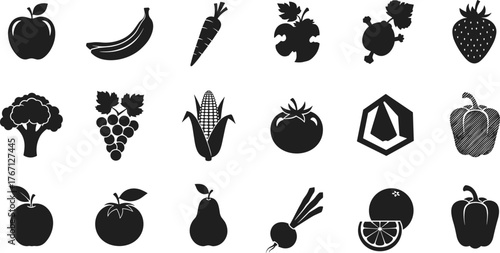 Black silhouette fruits and vegetables icons collection, healthy food vector set for nutrition, packaging, farming, and organic design illustration