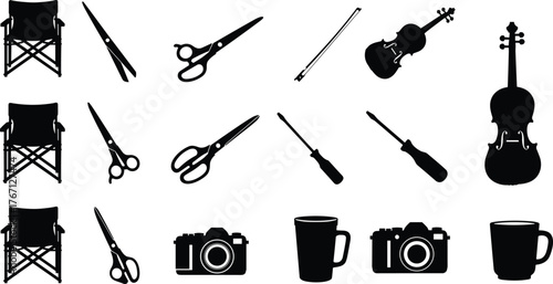 Black silhouette icons grid, folding chairs, scissors, musical instruments, cameras, mugs, screwdrivers, everyday objects, minimal style, vector set