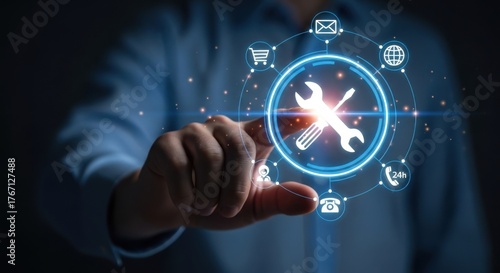 Comprehensive Service Support: Hand Interacting with Repair Wrench Icon for Technical Assistance.