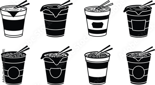 Black silhouette instant noodle cup vector set, ramen soup illustration with chopsticks, fast food container design for restaurant menu decoration