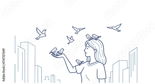 Serene woman finds peace amidst city bustle with gentle birds landing on her hand and head, symbolizing harmony and connection