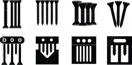 Black silhouette vector set of multiple screw designs and fastener icons for construction, repair, hardware, tool, and industrial use