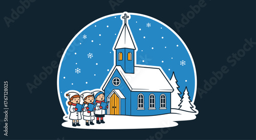 Adorable children in winter coats joyfully sing carols outside a snow-covered church on a festive holiday evening