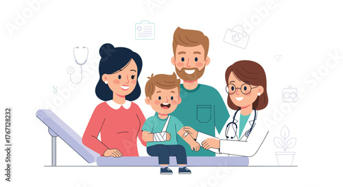 Caring doctor reassures injured boy and supportive family during medical checkup in bright clinic