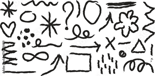 Collection of hand drawn doodles and symbols in black ink silhouette