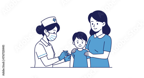 Caring nurse administers vaccine to child with supportive mother present, promoting health and safety in a modern healthcare setting