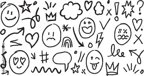 Hand drawn doodles and expressive faces in a playful black silhouette