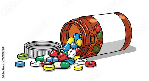 Spilled bottle of colorful pills and capsules scattered on white background, representing health and medication