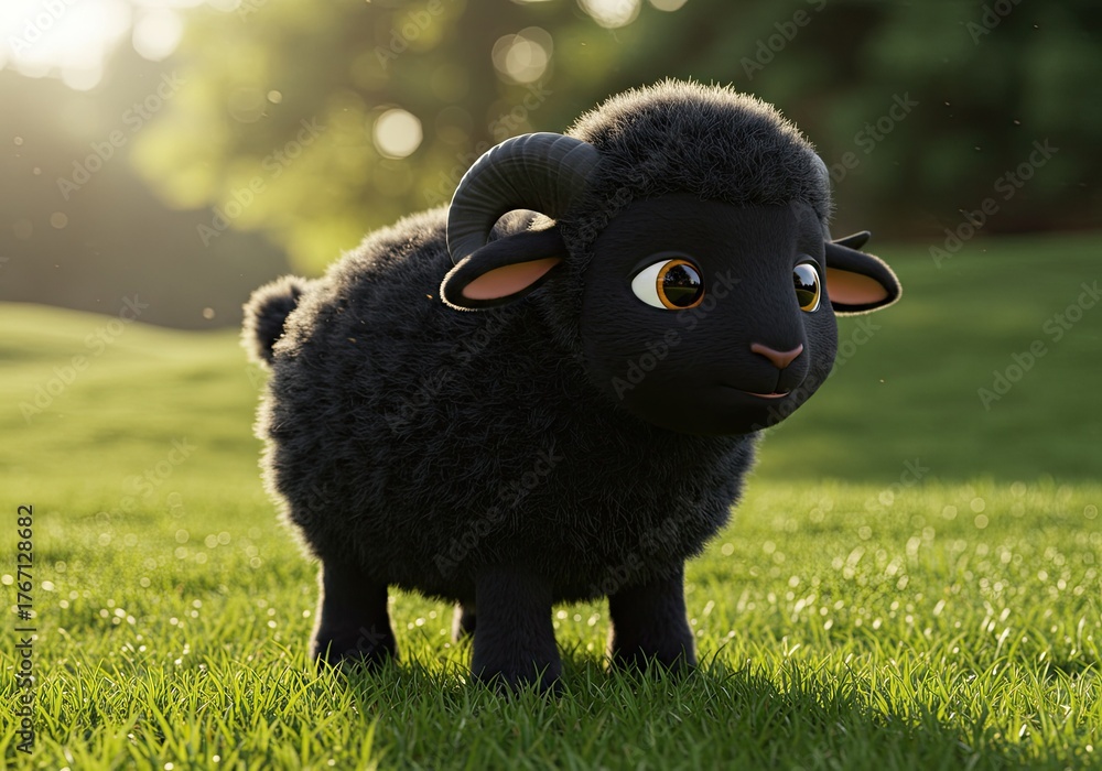 Fototapeta premium Adorable Cartoon Black Sheep Character Standing in a Sunny Green Meadow Animation