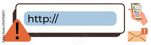 URL bar with warning icon, alert email, and phone showing alert message emphasizing online safety. Ideal for cybersecurity, phishing awareness, digital privacy, online safety tips, scam prevention