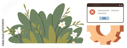 Red error alert on browser popup with Ok button next to gear icon and foliage with white flowers. Ideal for troubleshooting, system fix, technology issue, environment, growth, repair, user interface